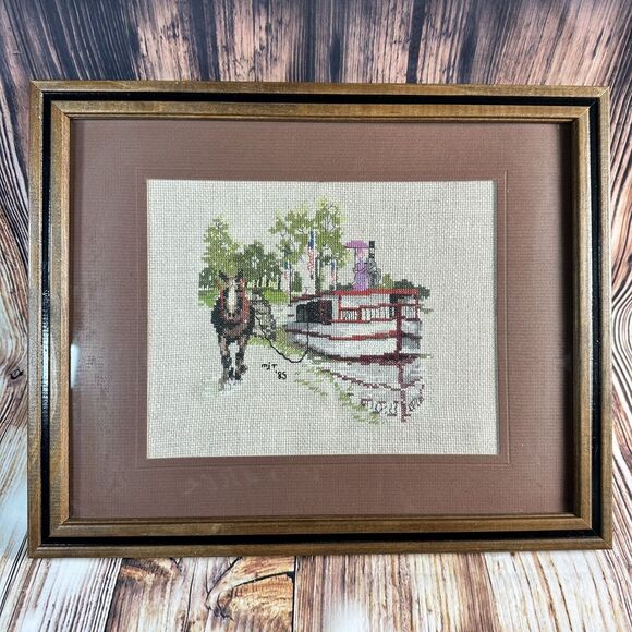 Vintage Cross Stitch Horse Ferry Boat Trees Water Complete Framed Finished 15x12 - Picture 11 of 11